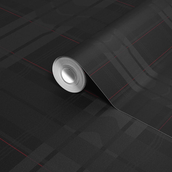 Warped Plaid Wallpaper in Black/Black/Red