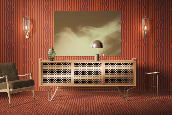 Warped Vertical Stripe Wallpaper in Orange/Maroon