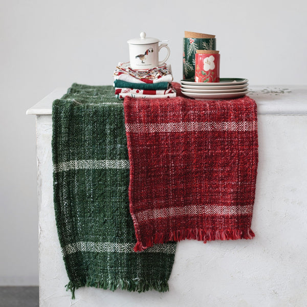 Woven Wool Blend Slub Table Runner W Stripes Fringe 3