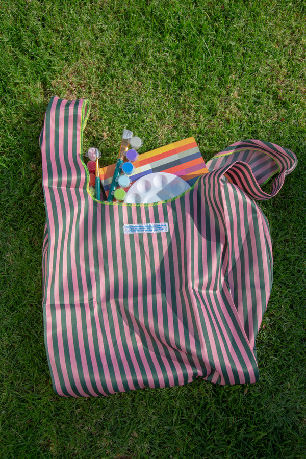 School Tie Fabric Bag - Dark Green x Pink